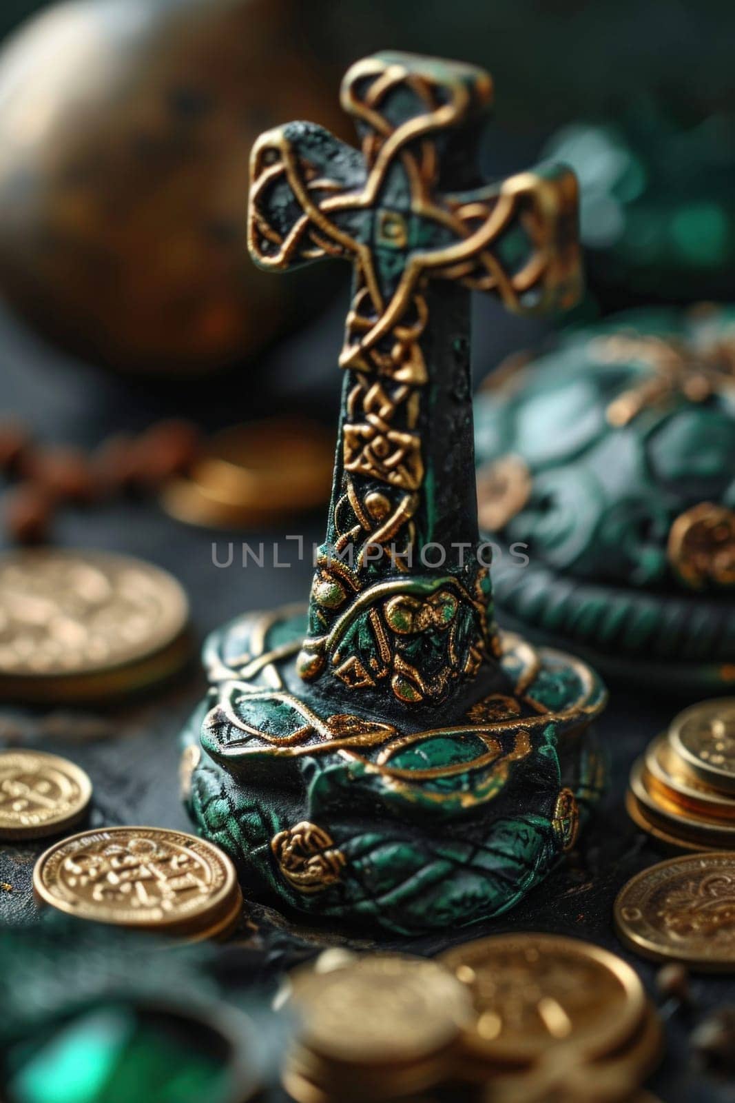 A small cross sits on top of a pile of coins