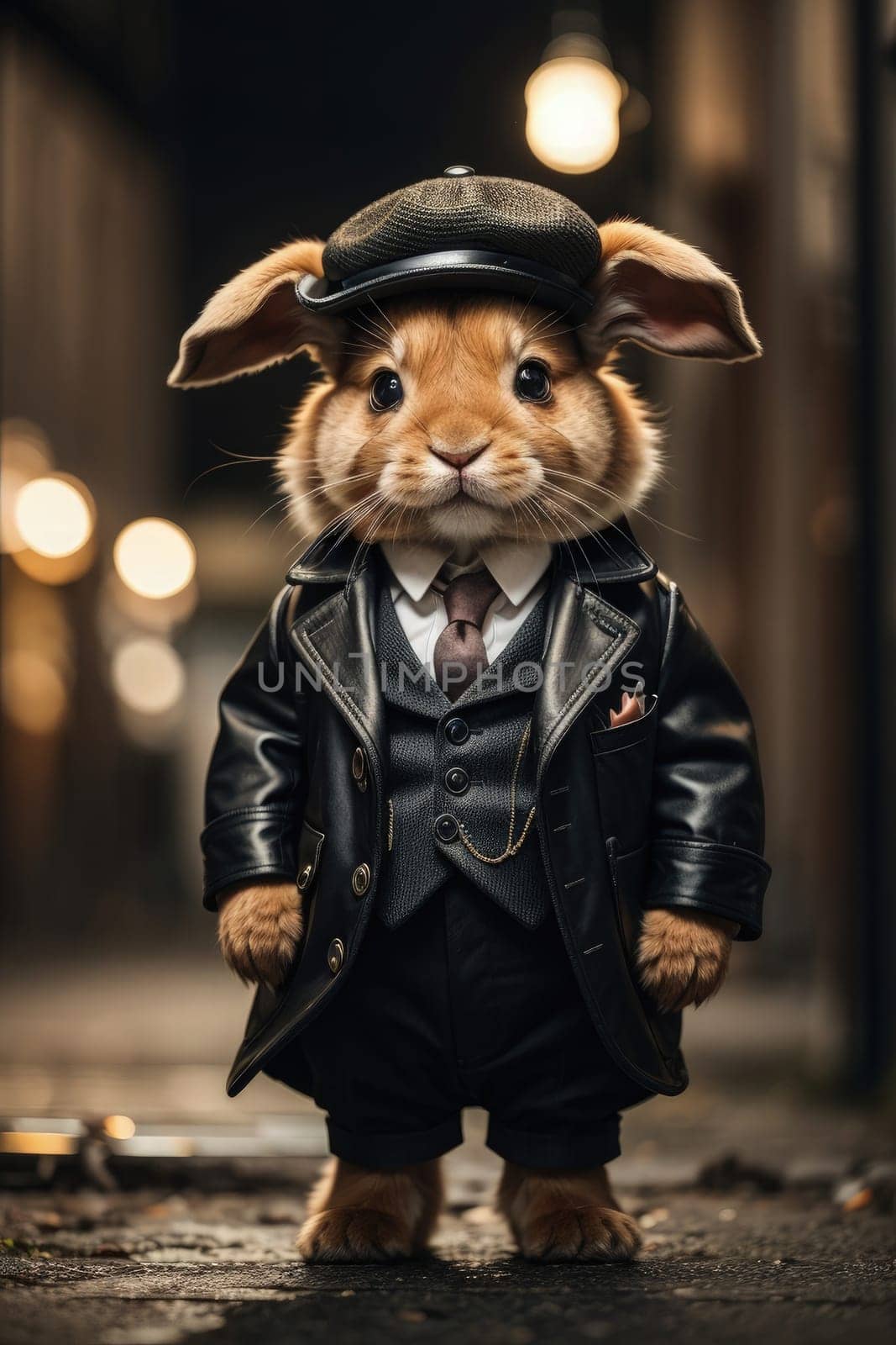 Funny little rabbit in a hat and leather jacket on the street. AI Generated.