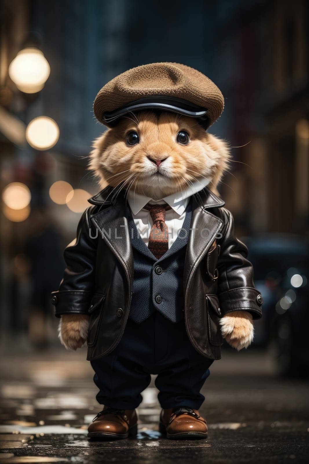 Funny rabbit mouse wearing a beret and leather jacket on a city street. AI Generated.