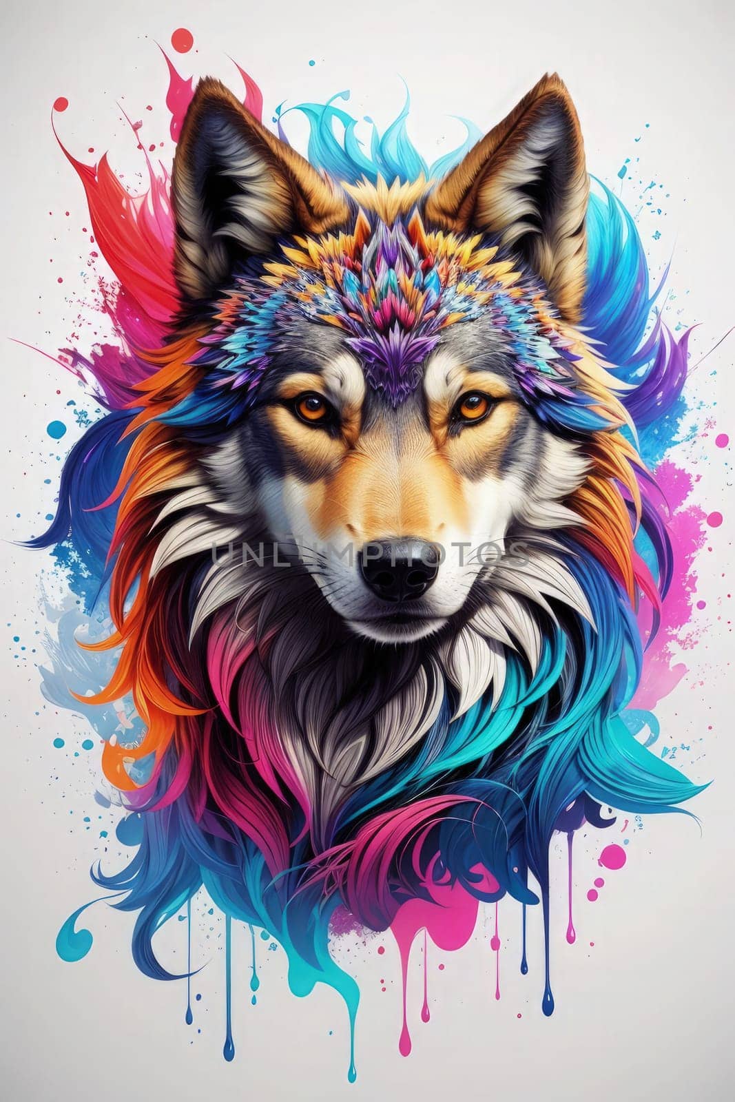 Portrait of wolf dog with colorful hair and paint splashes. AI Generated.