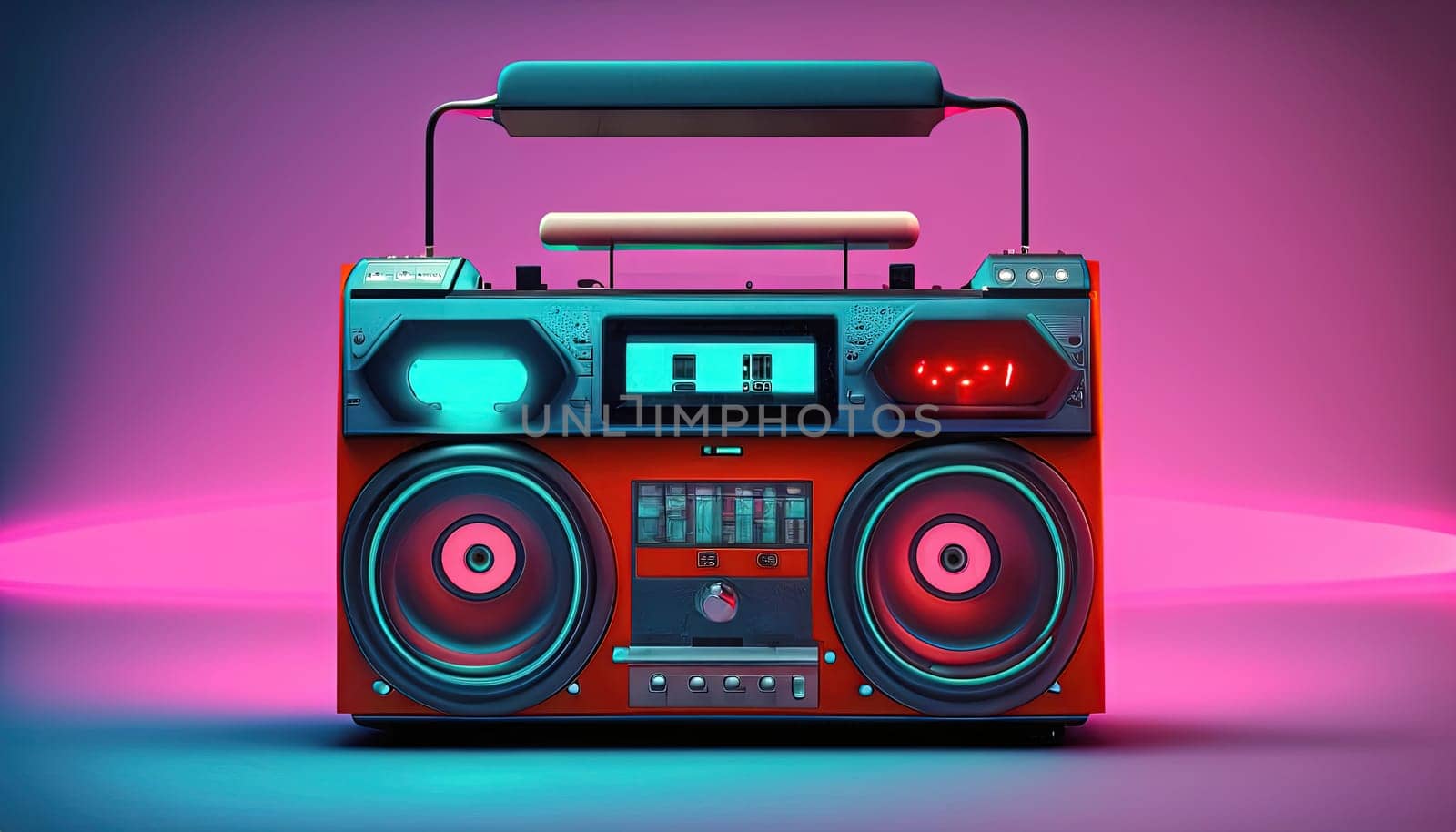 Digital illustration of boombox in purple background with colourful lights. AI Generated.