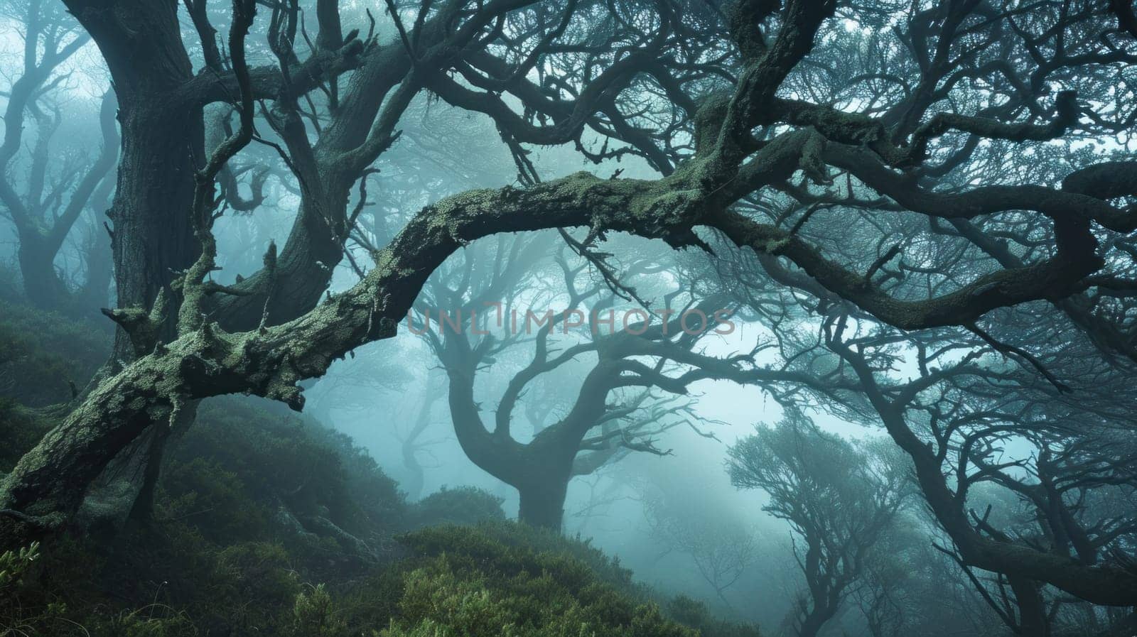 A tree covered in moss and fog on a hillside