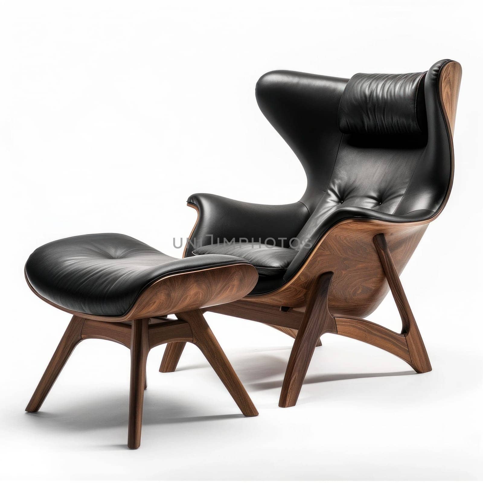 A black leather chair and ottoman with a wooden frame