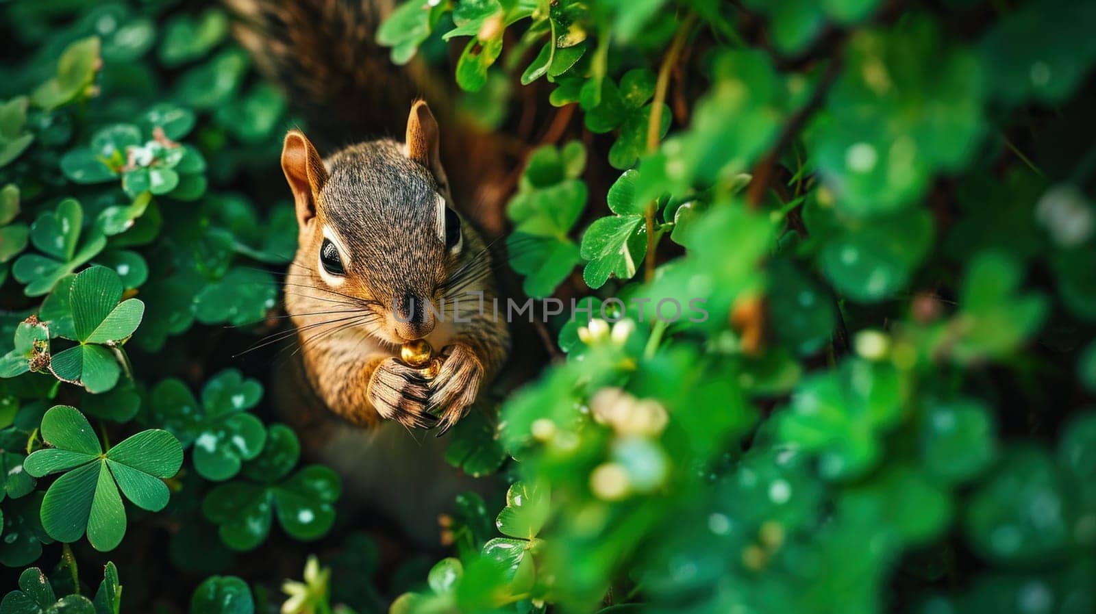 A squirrel peeking out from behind a bunch of green leaves