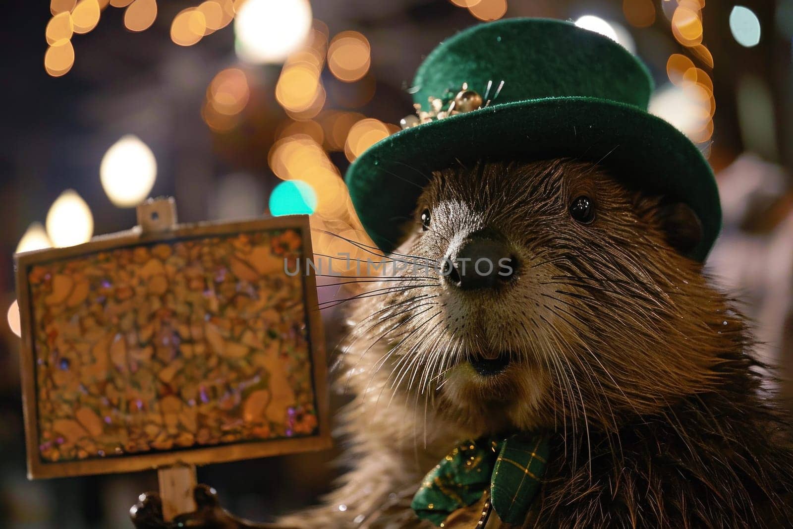 A beaver wearing a green hat and holding up an easel