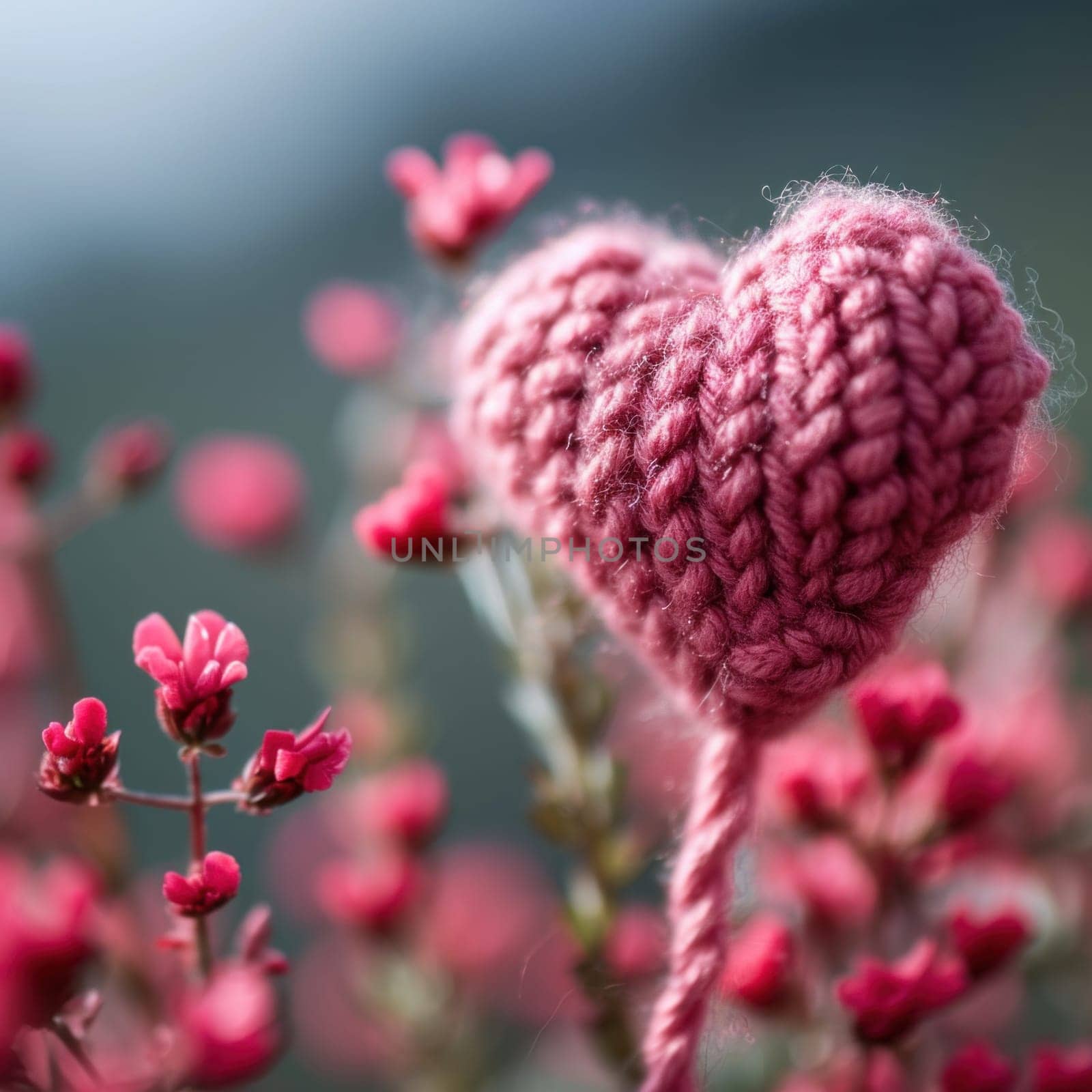 A pink heart shaped crocheted item on a stick in the middle of flowers