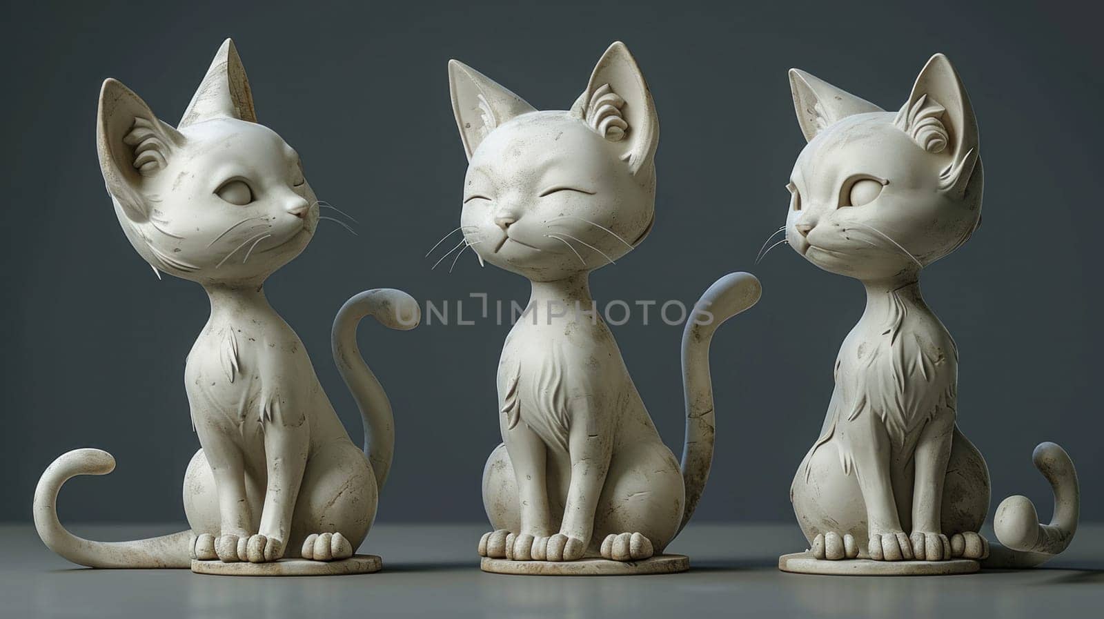 Three white cat statues are sitting on a gray surface