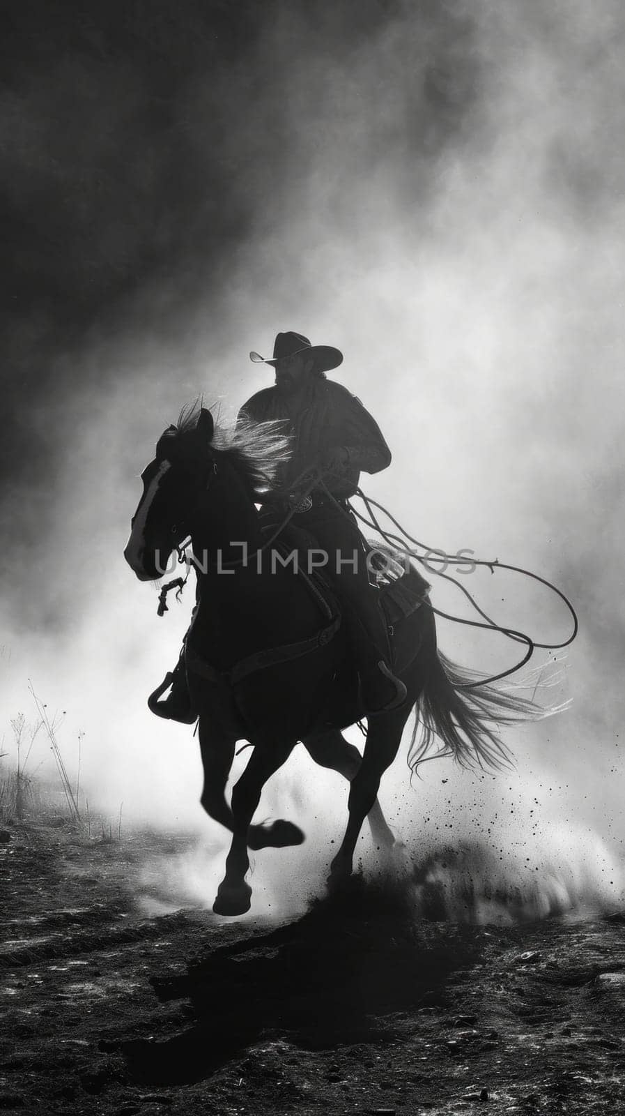 A cowboy riding a horse in the dust of an open field