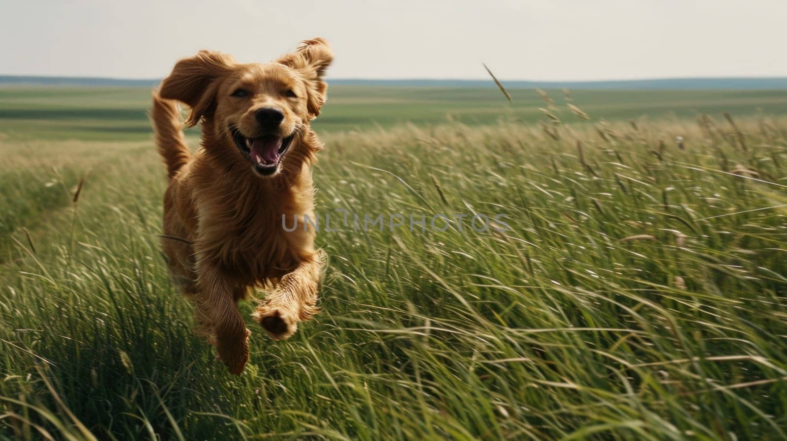 A dog running through a field of tall grass with the sun behind it, AI by starush