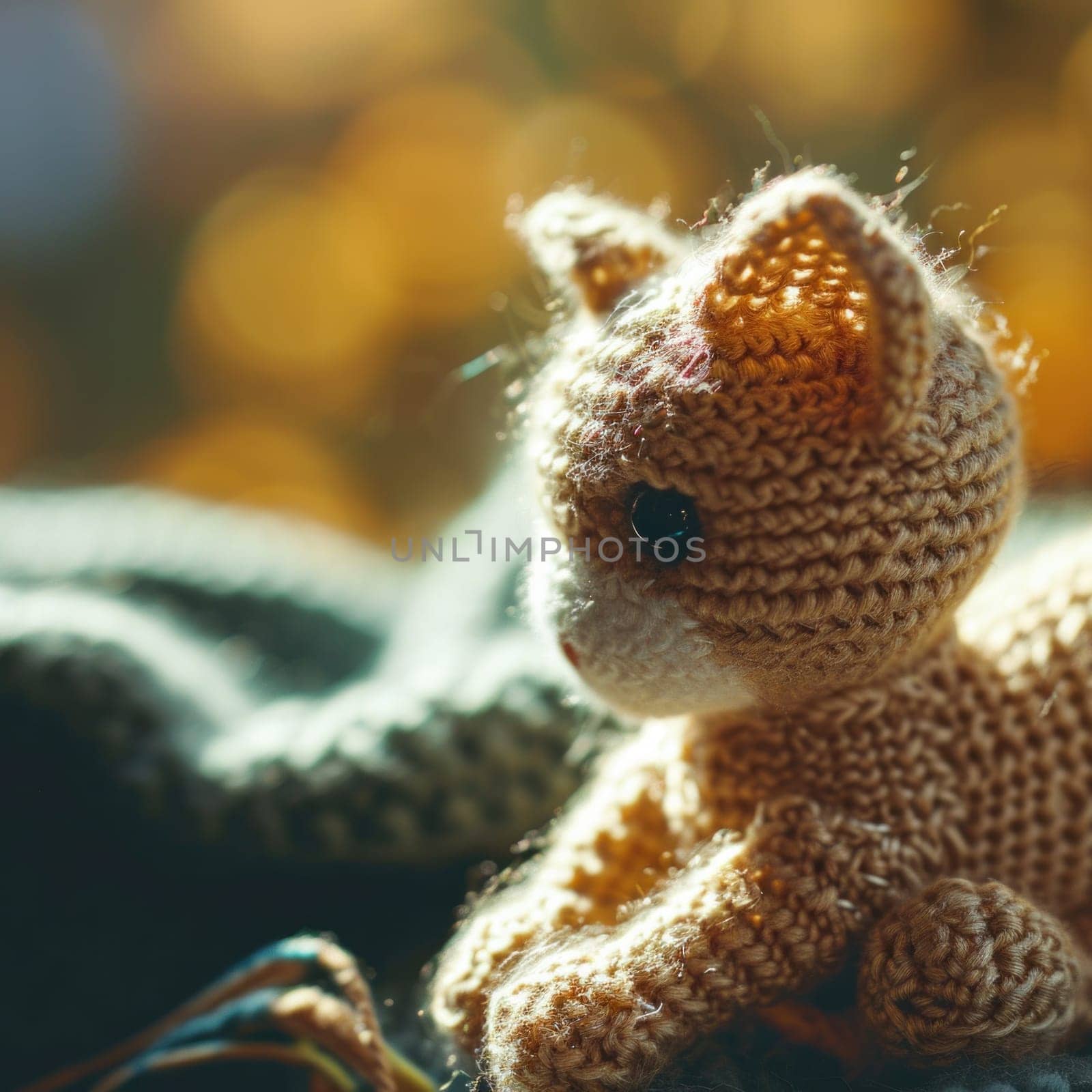A close up of a knitted stuffed animal sitting on top of something