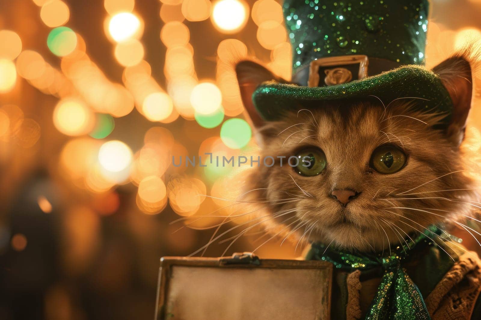 A cat dressed in a green hat and holding up an old photo