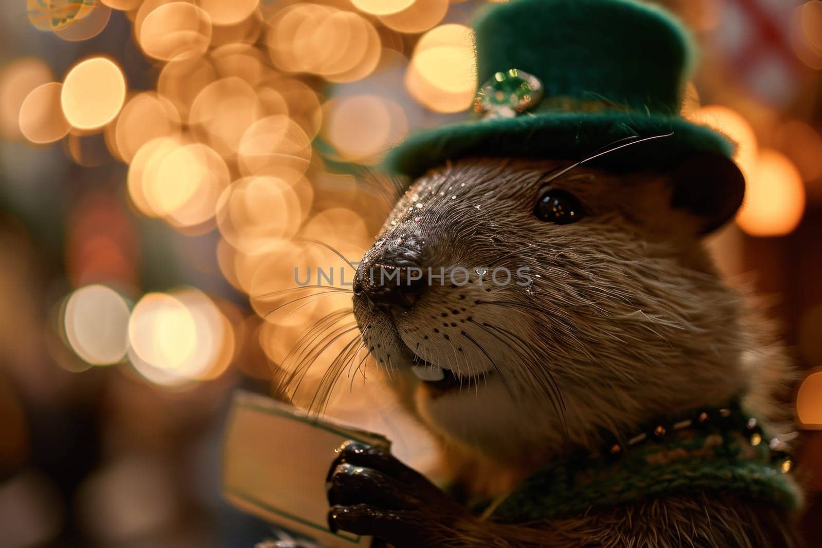 A close up of a groundhog wearing green hat and holding something