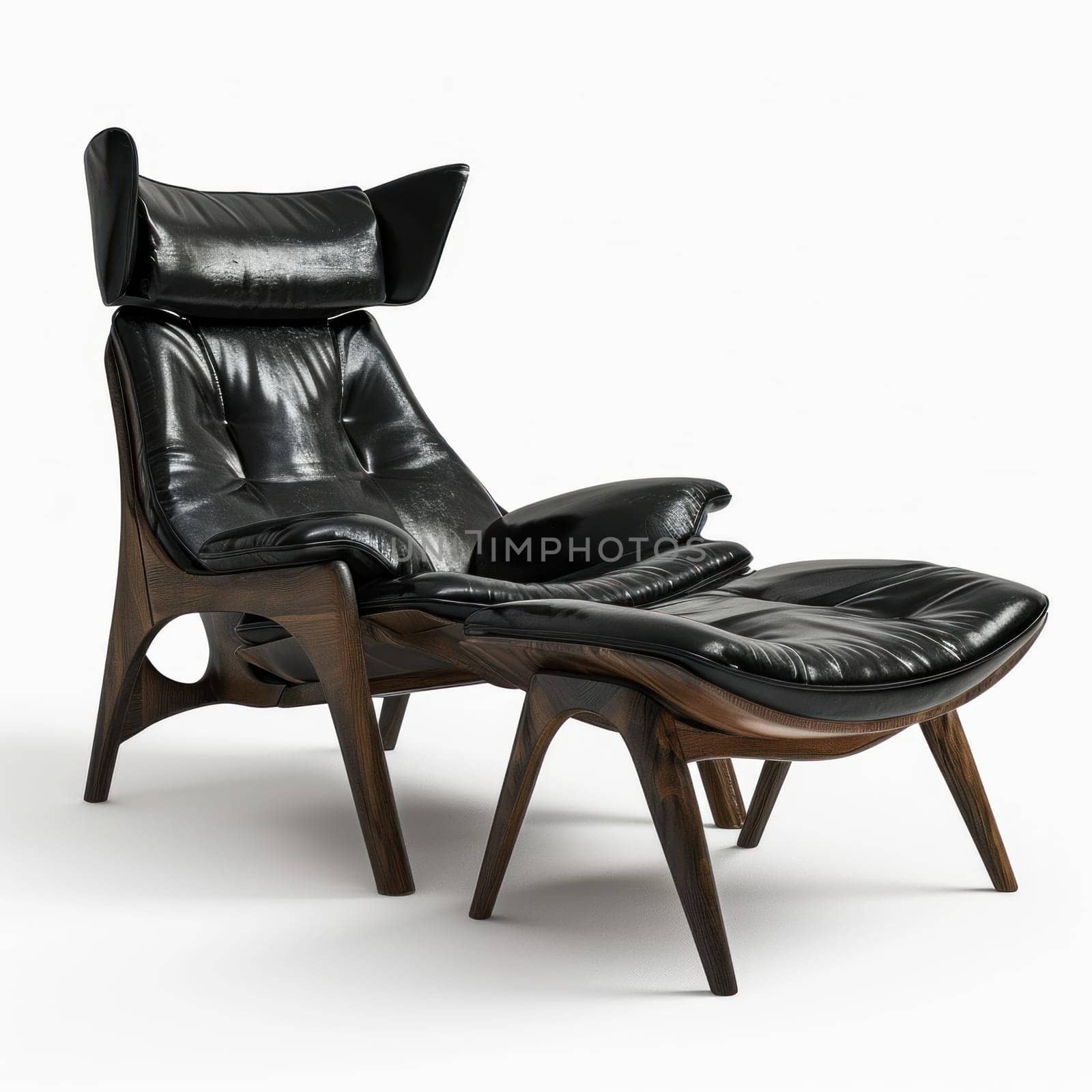 A black leather chair and ottoman with a wooden frame