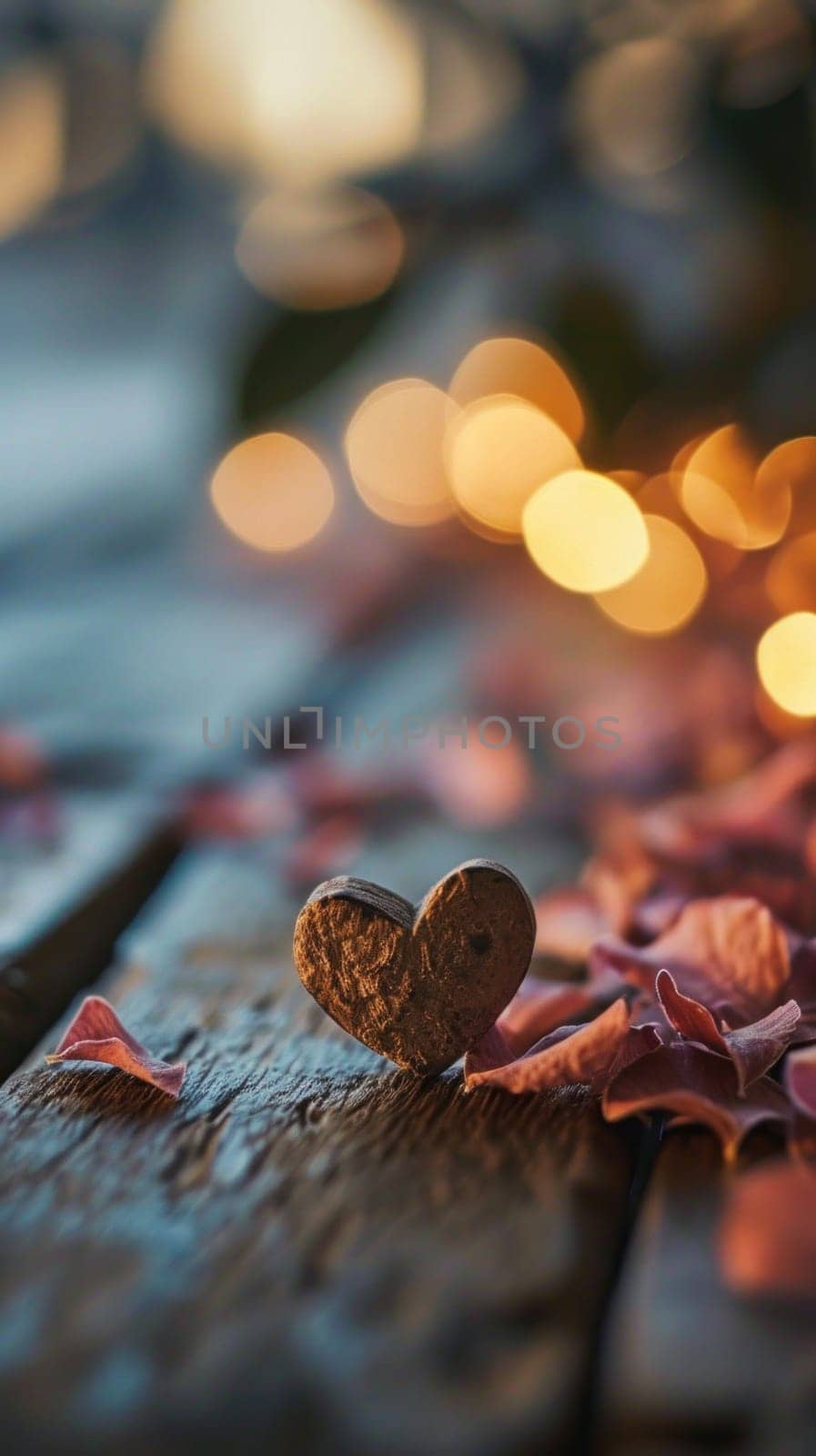 A heart shaped rock sitting on a wooden table with lights in the background