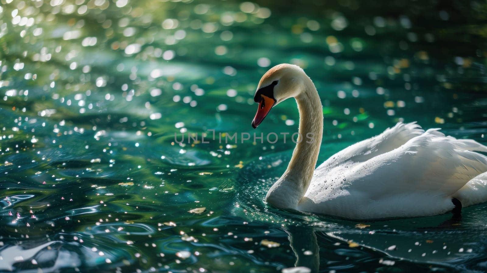 A swan swimming in a lake with lots of bubbles