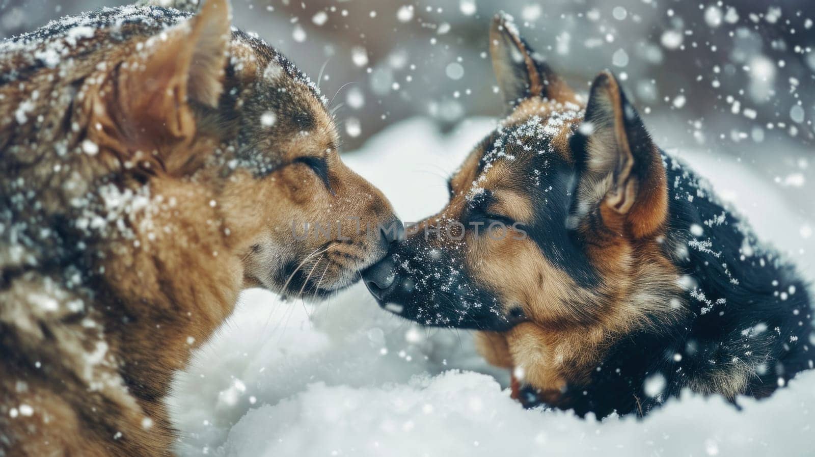 Two dogs are kissing each other in the snow, AI by starush