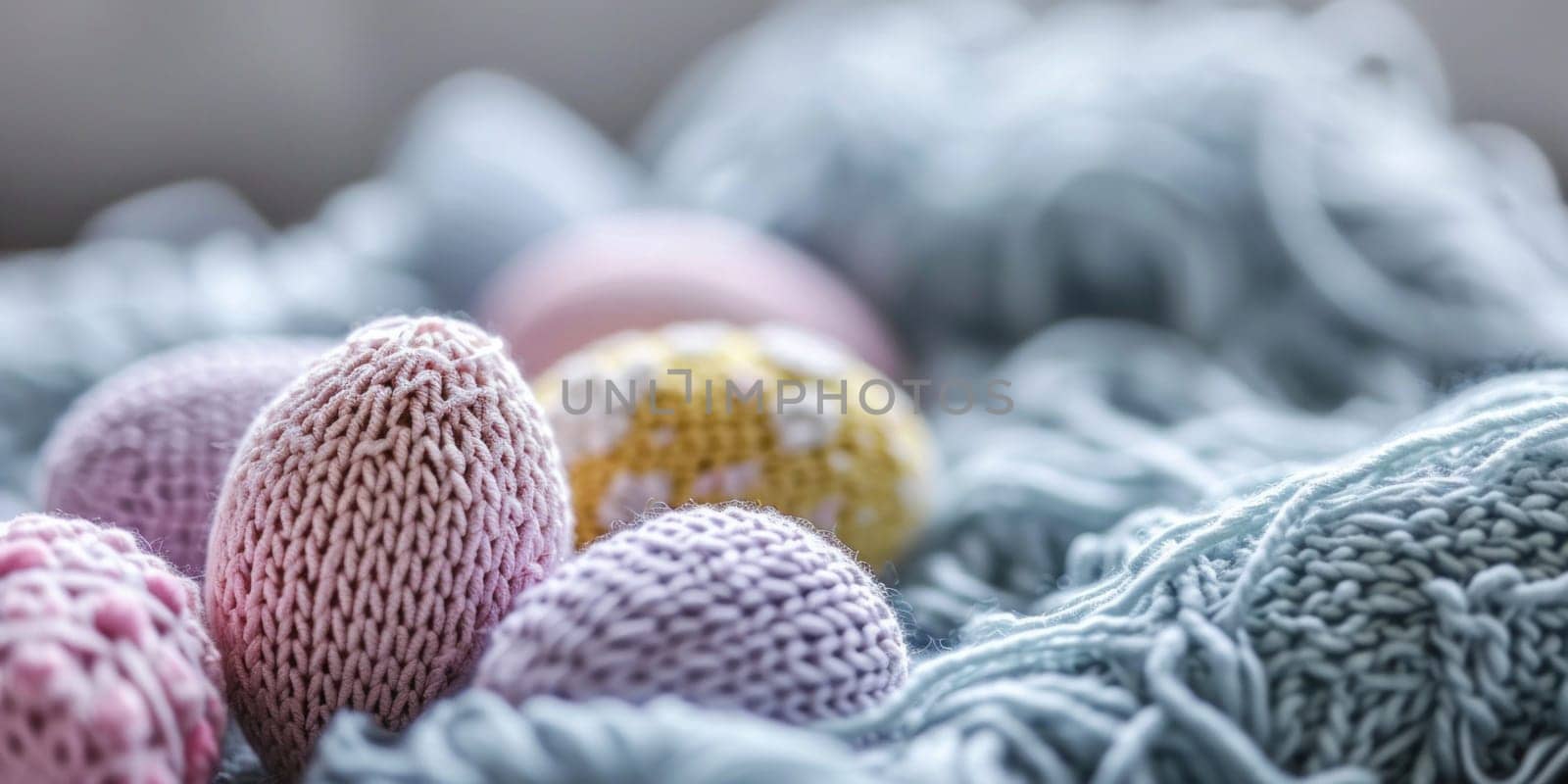 A close up of a bunch of knitted eggs on top of yarn