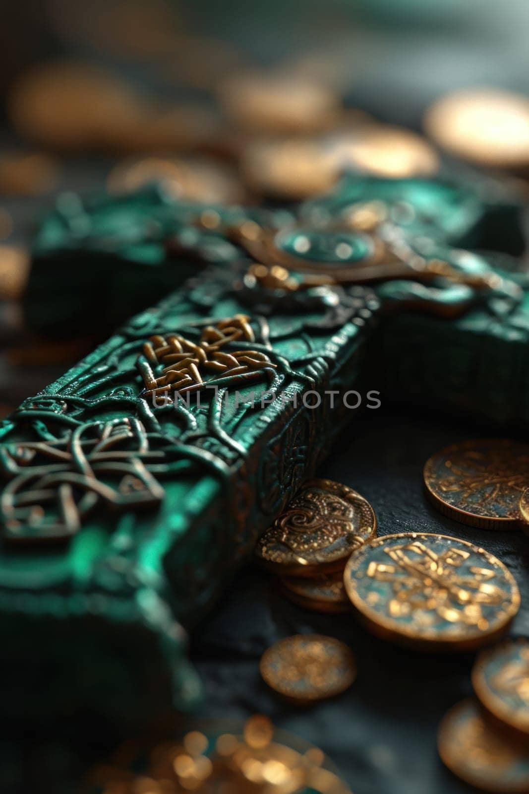 A close up of a green cross sitting on top of coins