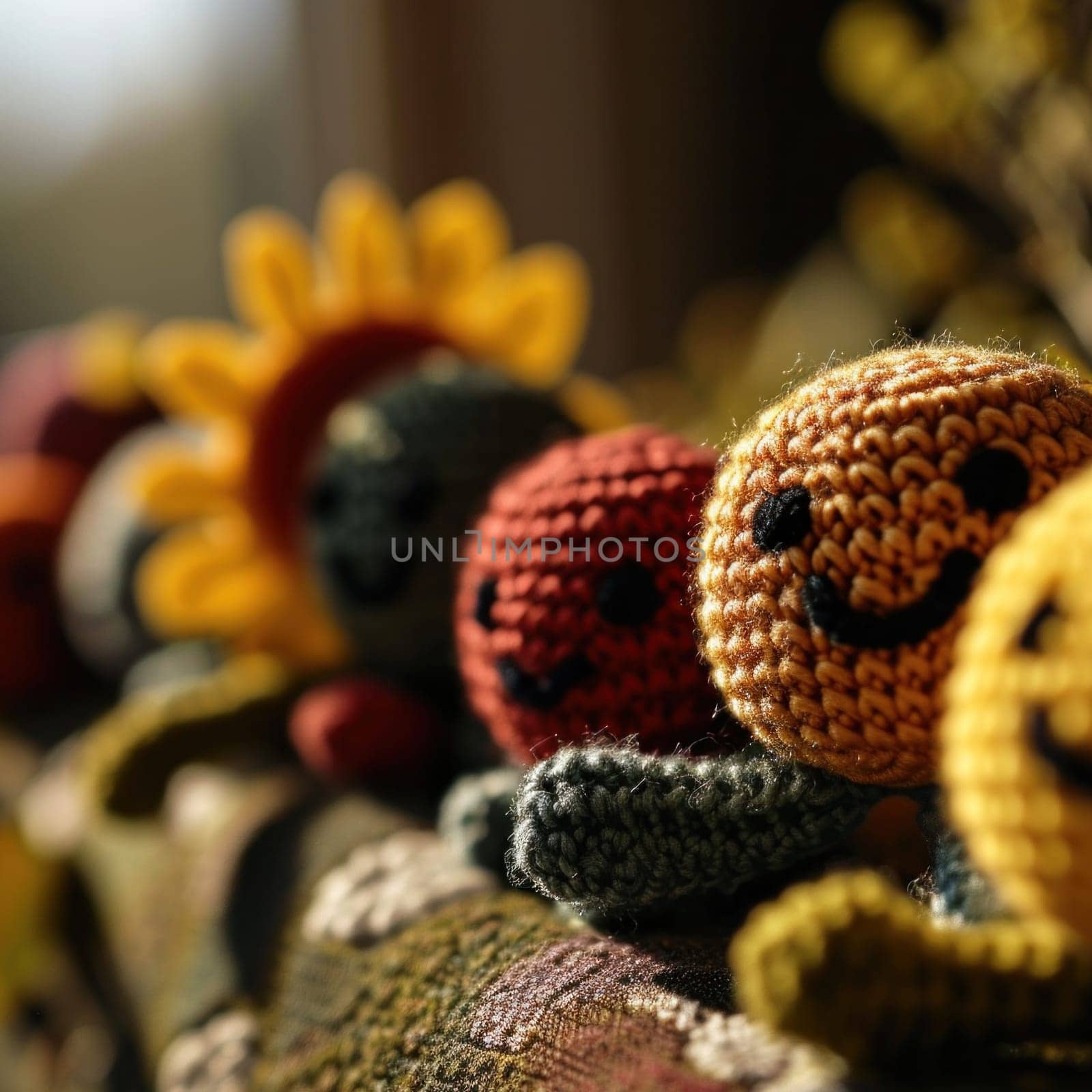A row of crocheted stuffed animals are lined up on a table