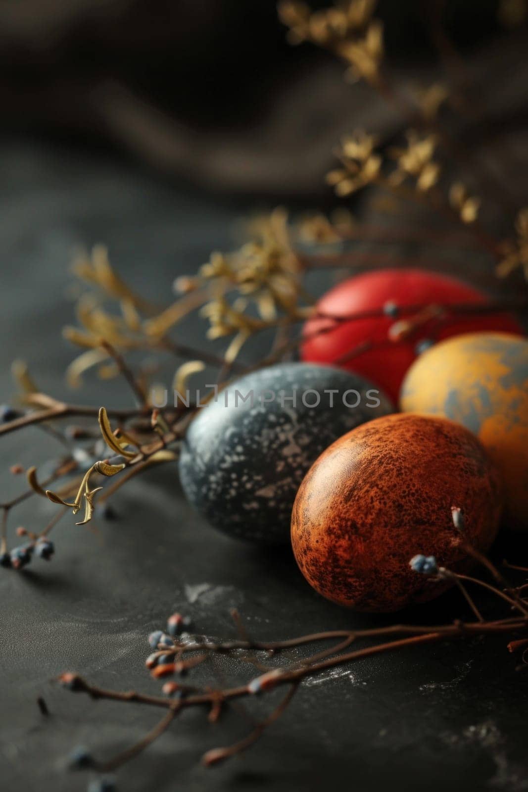 A group of colorful eggs are sitting on a table