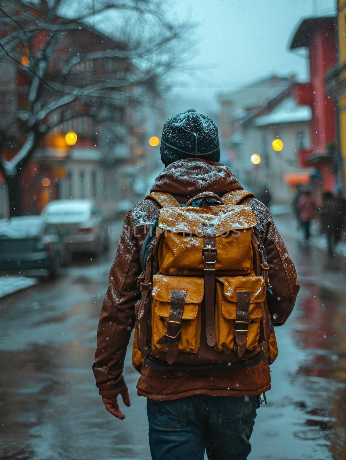 A man with a backpack walking down the street in snow