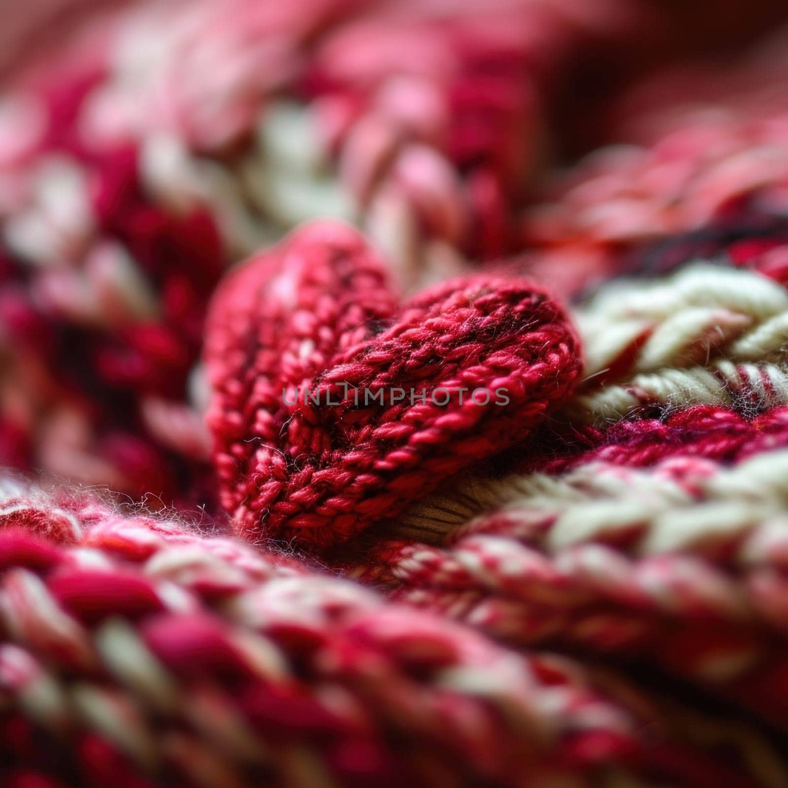 A close up of a knitted heart on top of some yarn