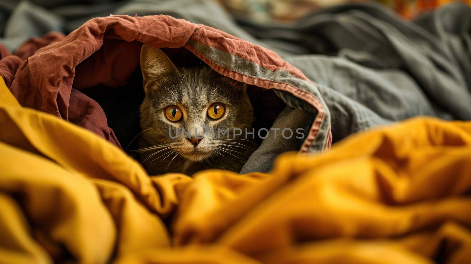 A cat peeking out from under a blanket on top of bedding, AI by starush