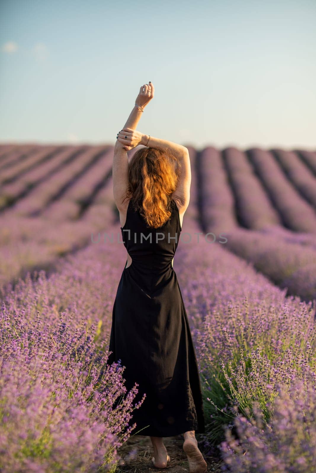 Back view woman lavender sunset. Happy woman in black dress. Aromatherapy concept, lavender oil, photo session in lavender by Matiunina