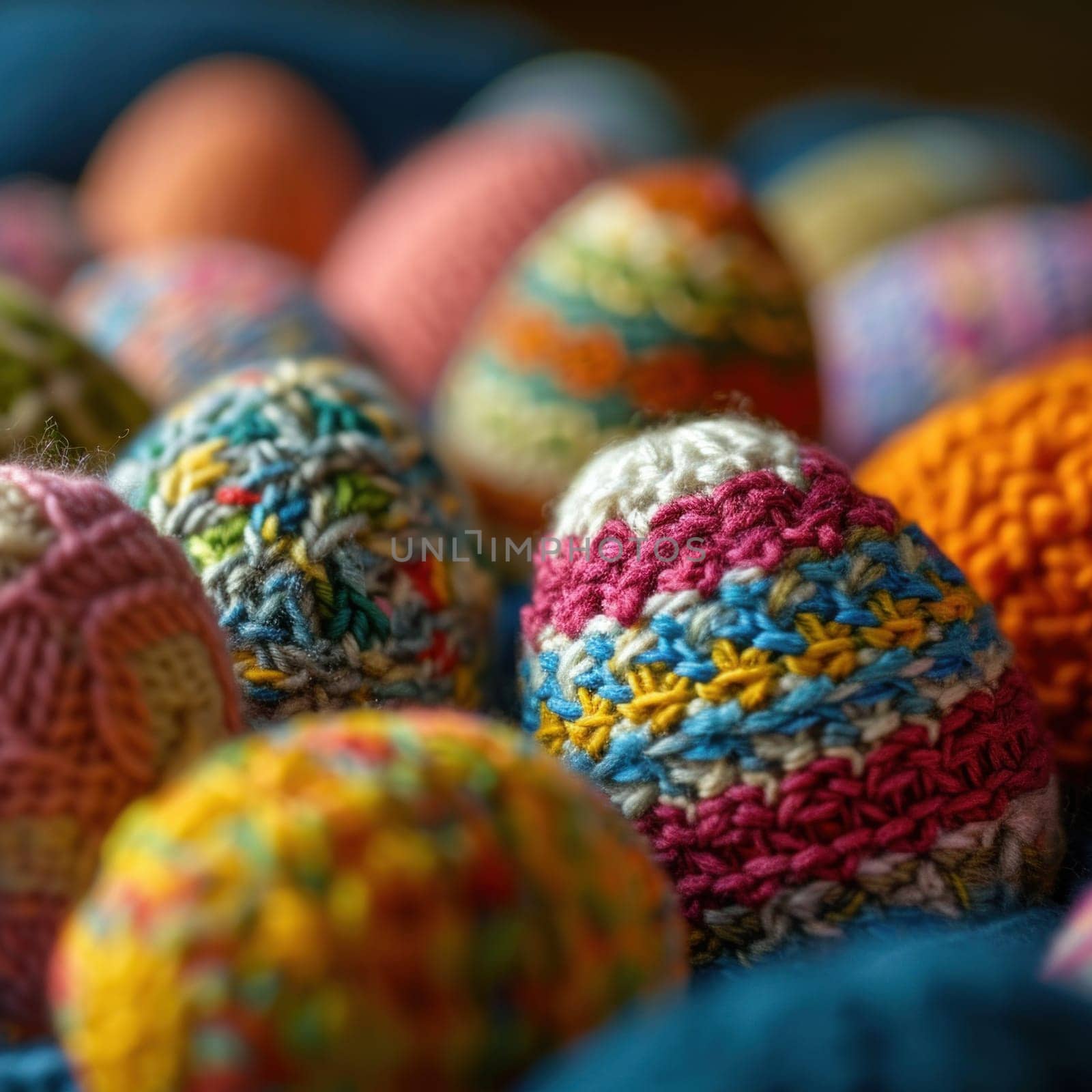 A close up of a bunch of colorful crocheted eggs