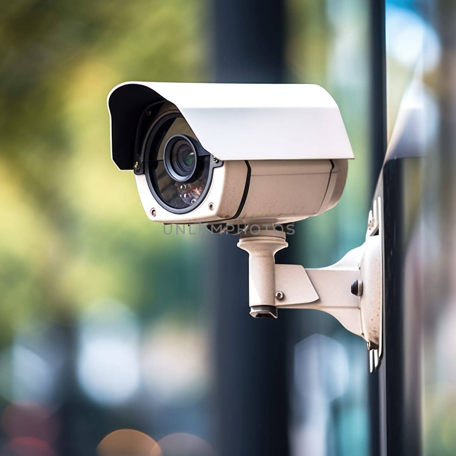 A close up of a security camera mounted on the side of building