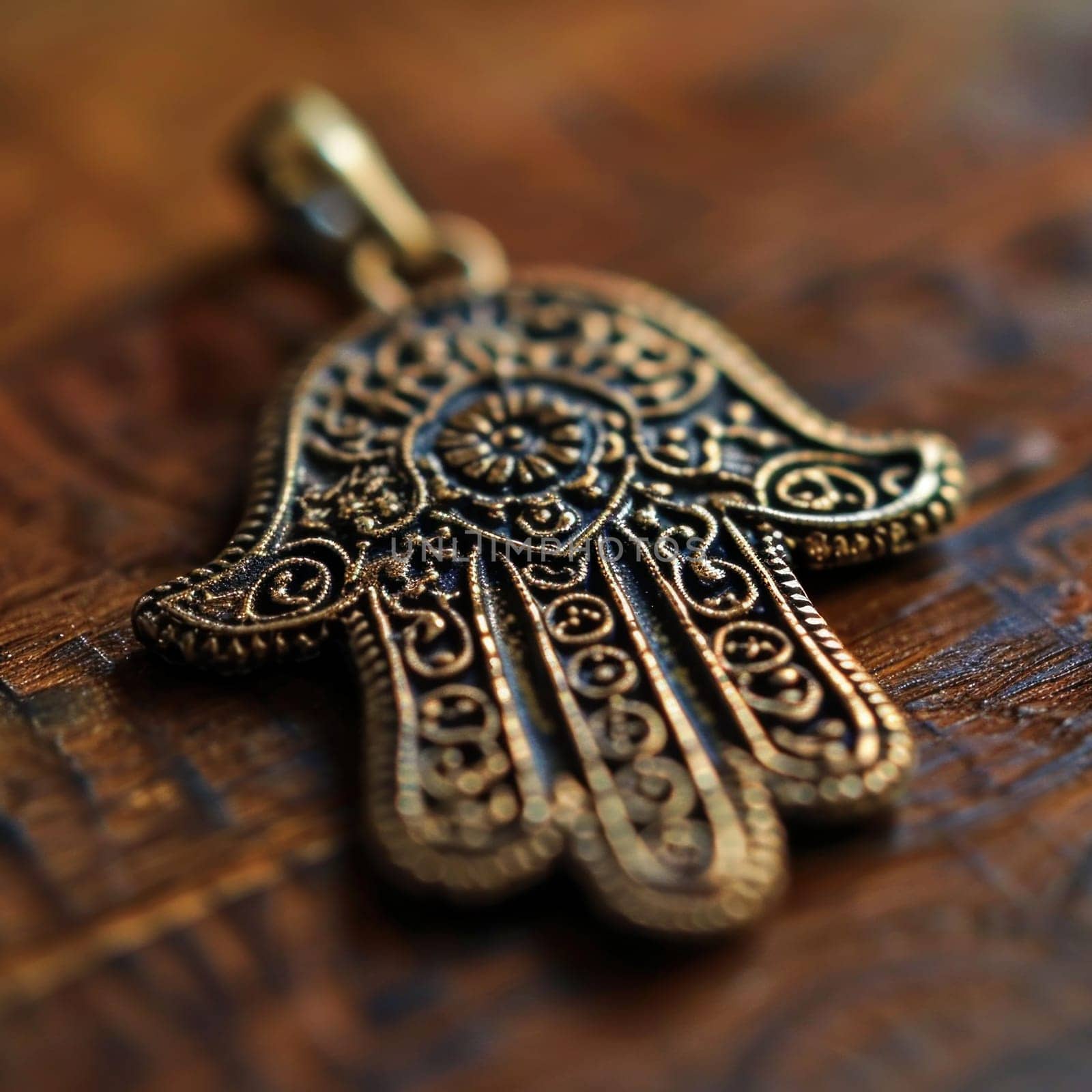 A gold hamsa hand pendant on a wooden table