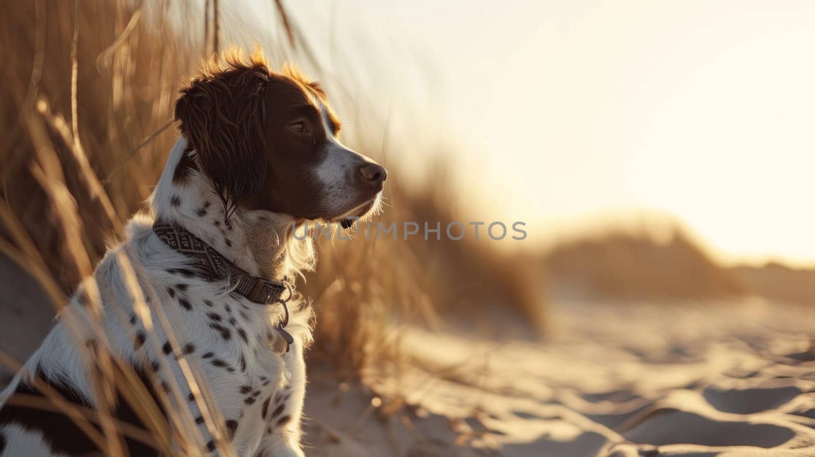 A dog sitting on the sand in front of a beach