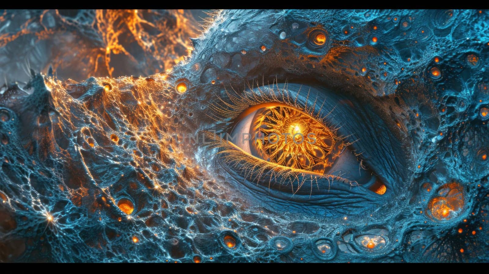 A close up of a blue dragon with an eye that is glowing