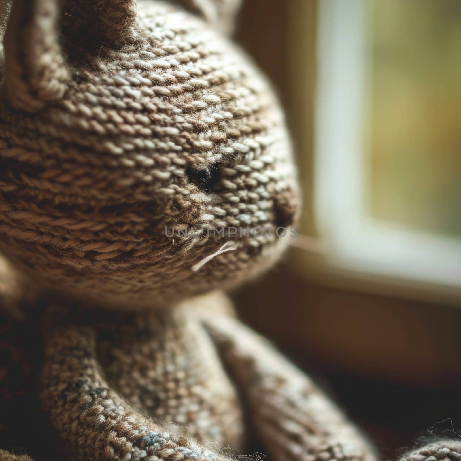 A close up of a knitted stuffed animal sitting by the window