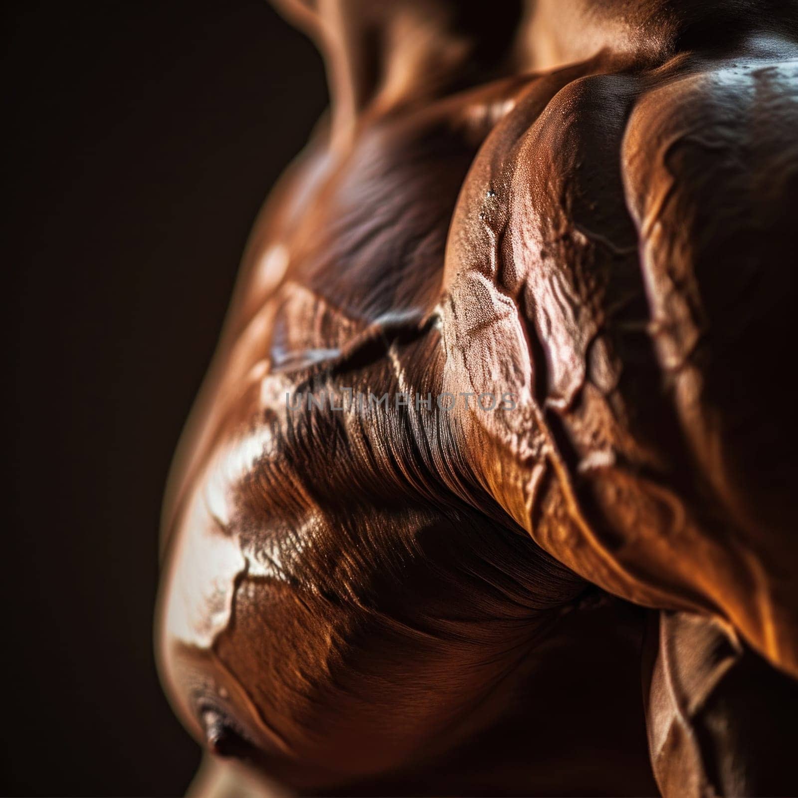 A close up of a bodybuilde's chest and back