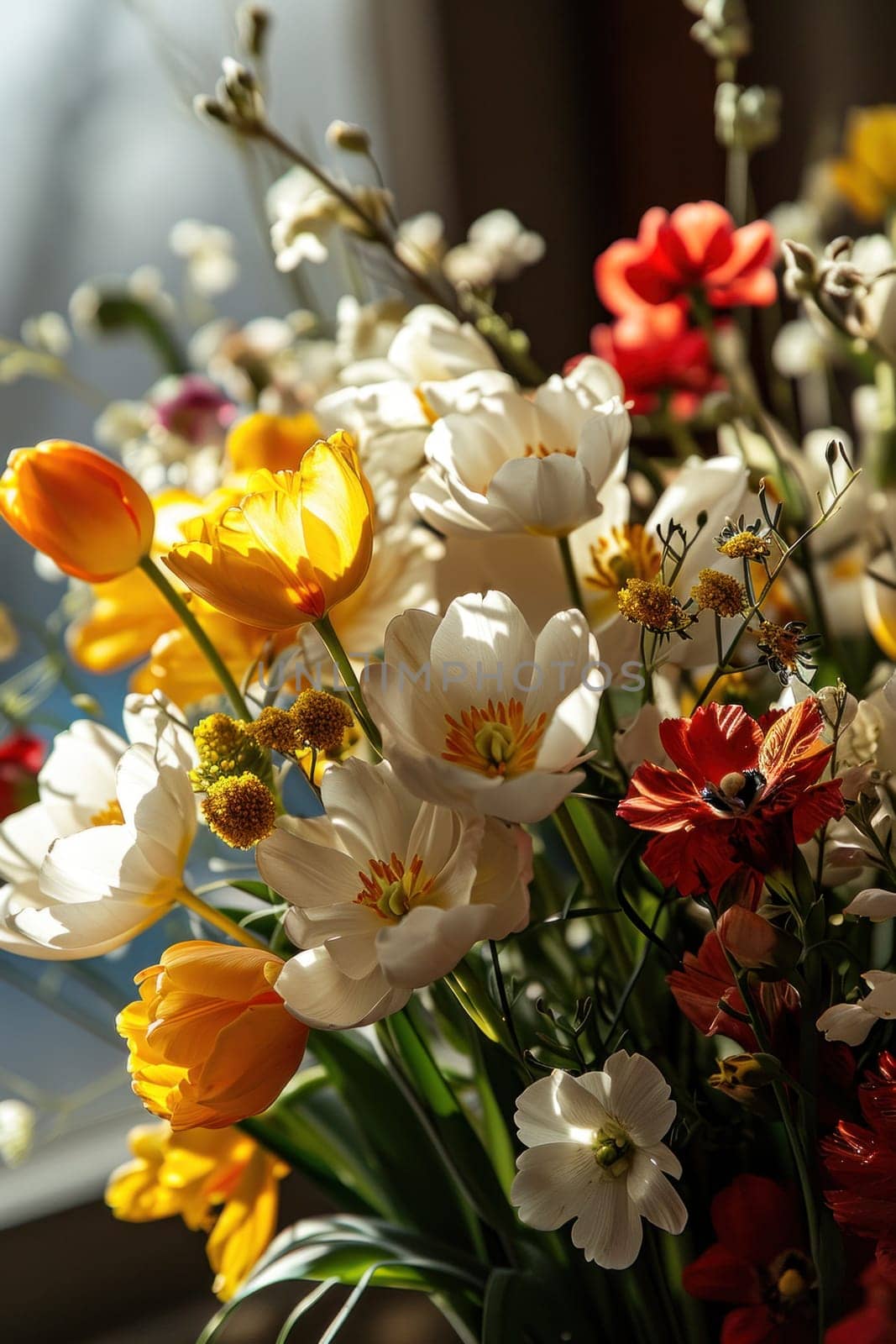 A close up of a bouquet with many different flowers in it