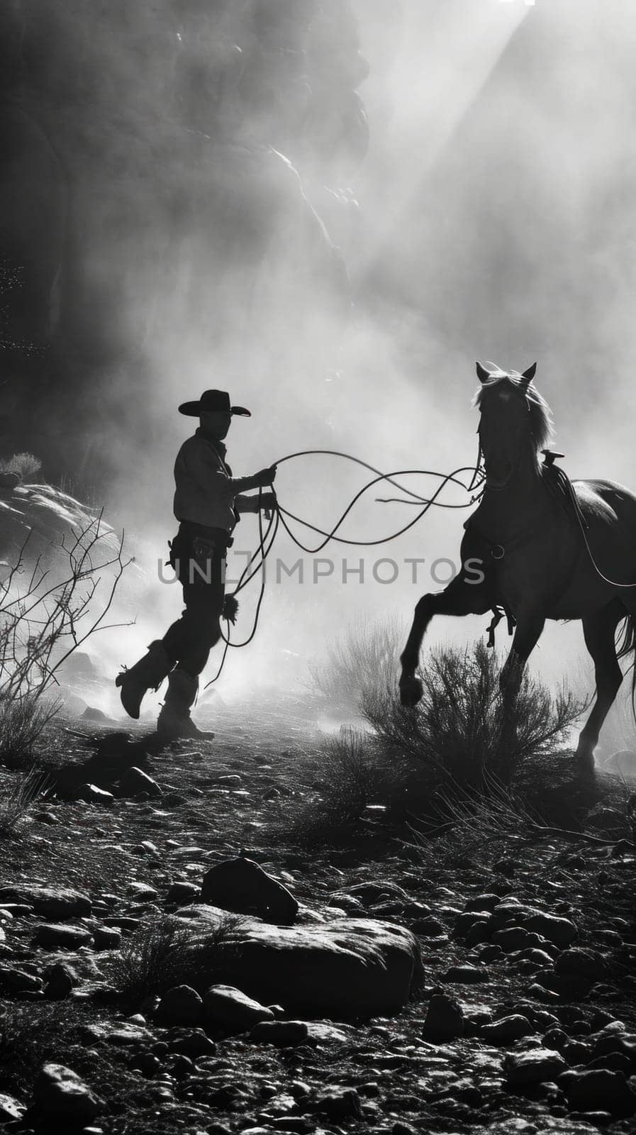 A cowboy is leading a horse in the wild