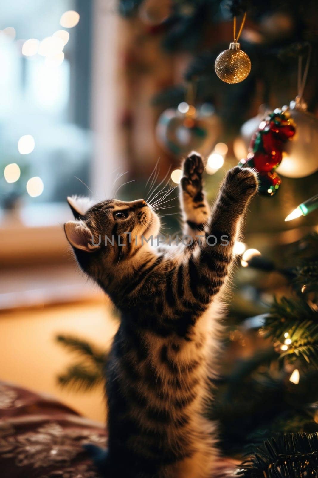 A kitten reaching up to a christmas tree ornament on the floor, AI by starush