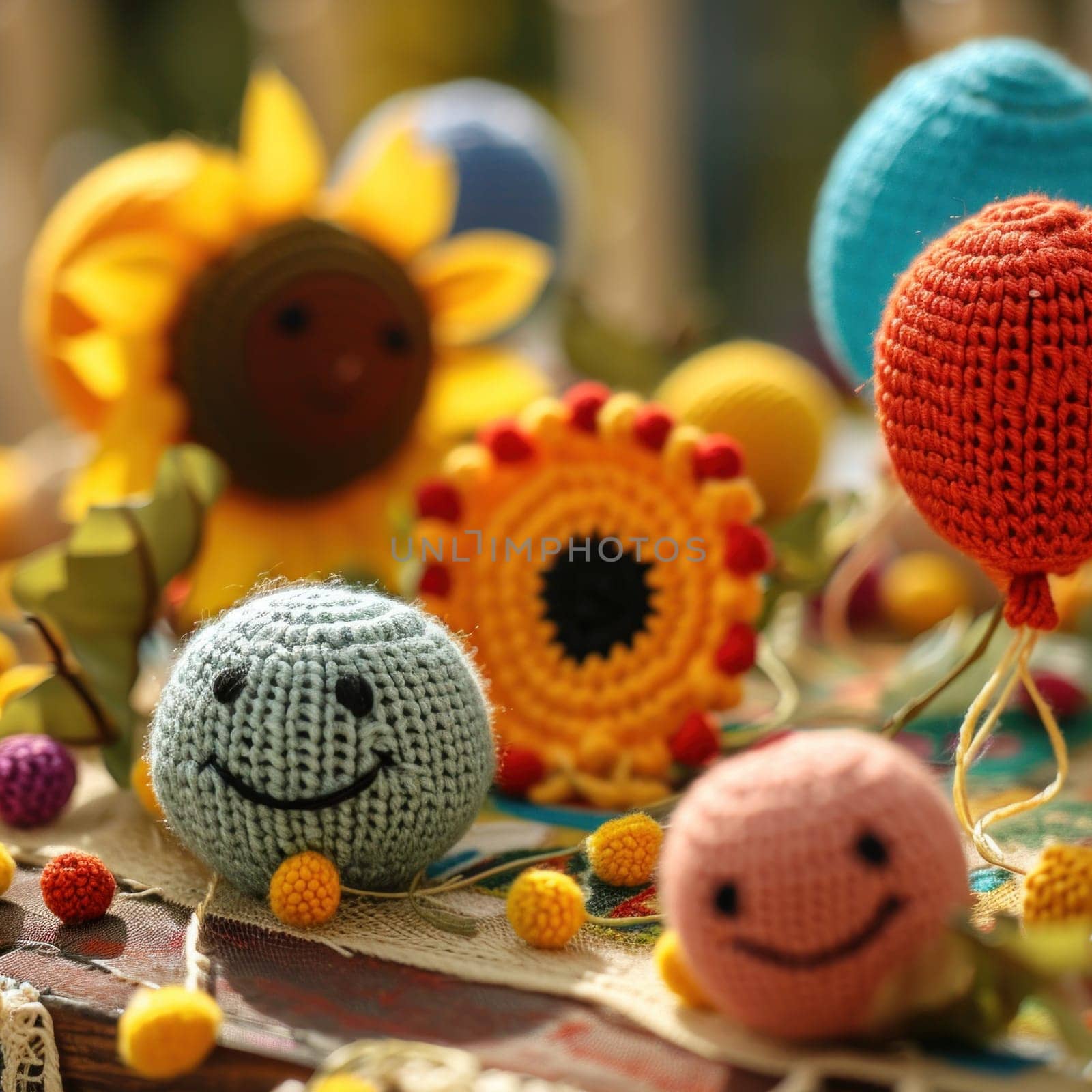 A group of crocheted items are displayed on a table