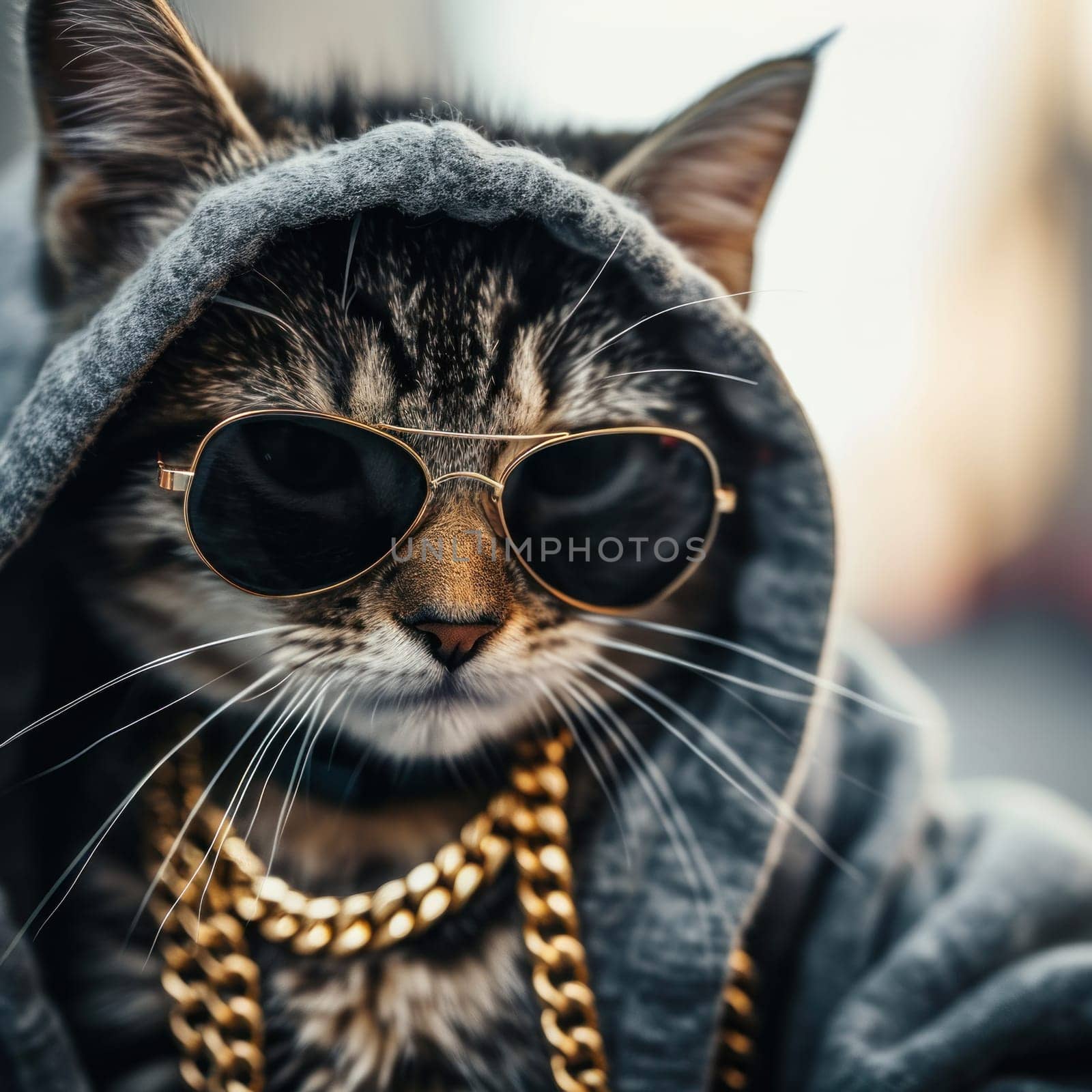 A cat wearing a hoodie and sunglasses with gold chains