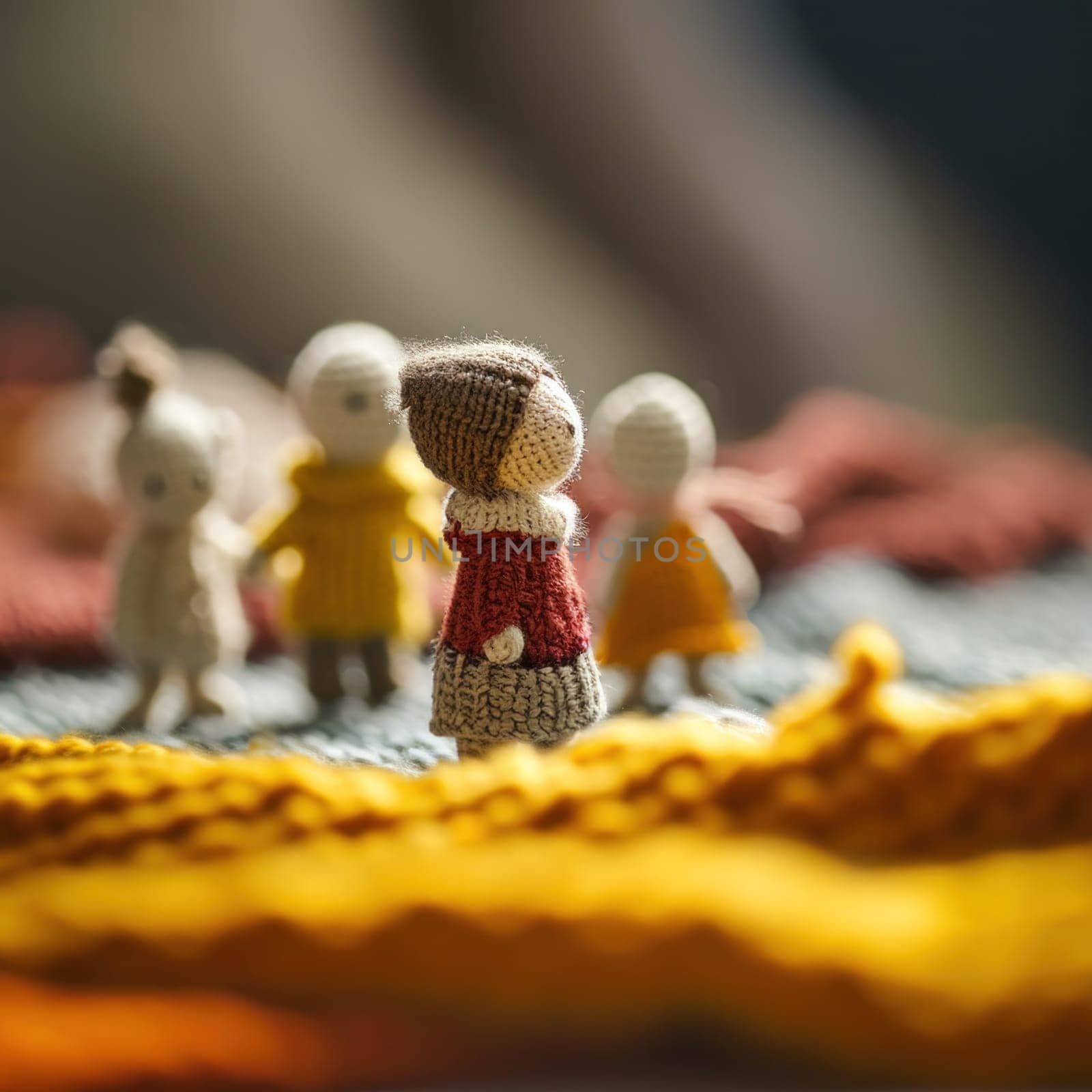 A group of small knitted dolls standing on a blanket, AI by starush