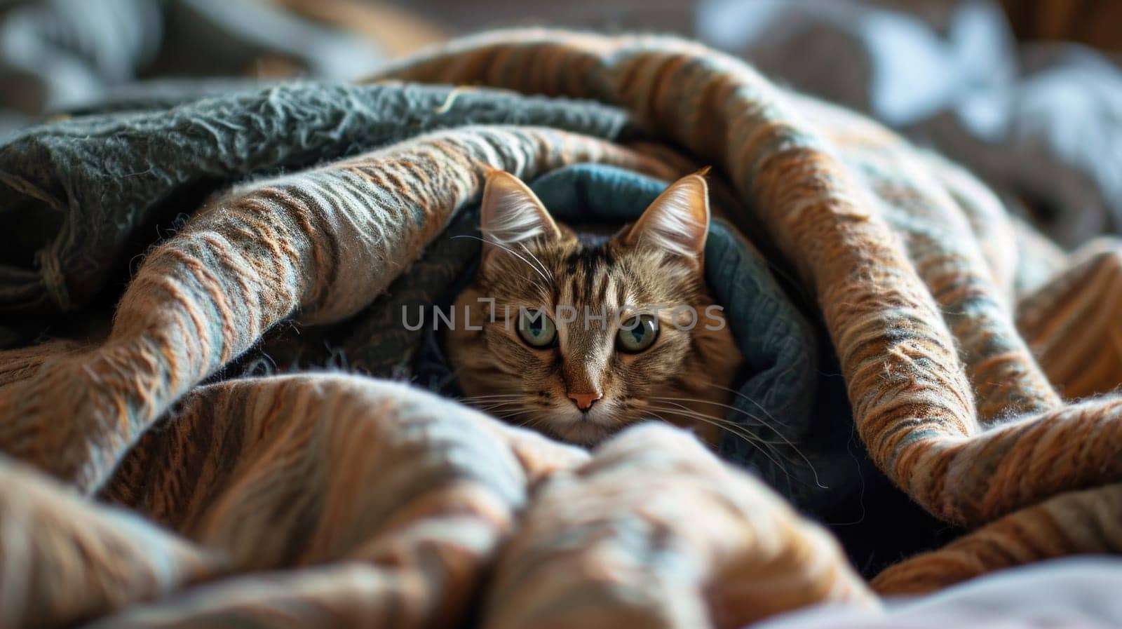 A cat peeking out from under a blanket on top of the bed