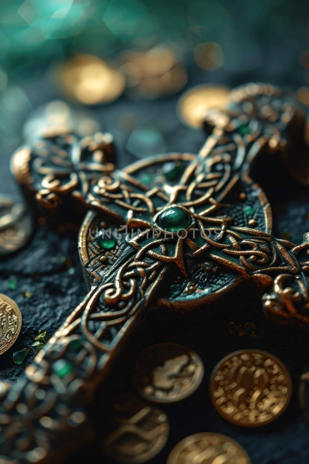 A close up of a cross and coins on top of each other