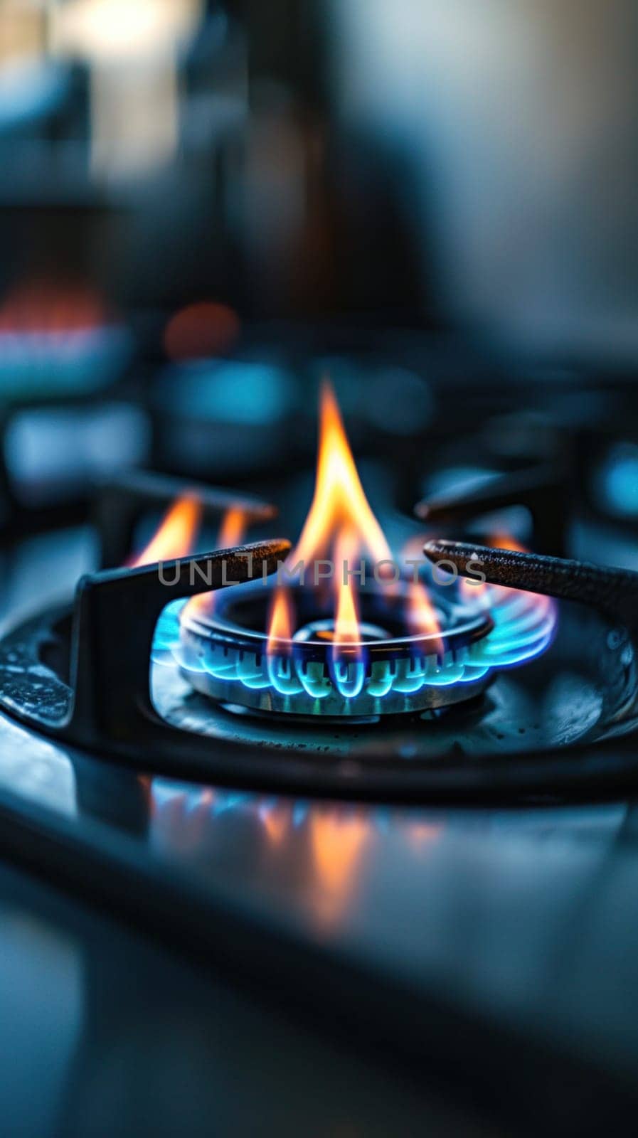 A close up of a gas stove with flames coming out