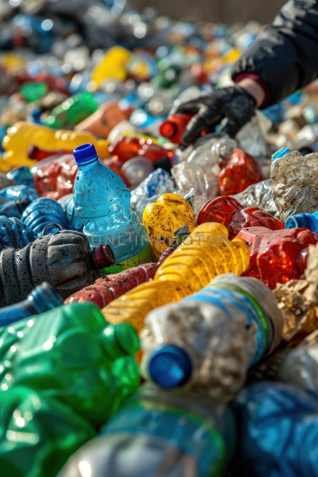 A person is picking up a bunch of plastic bottles and cans