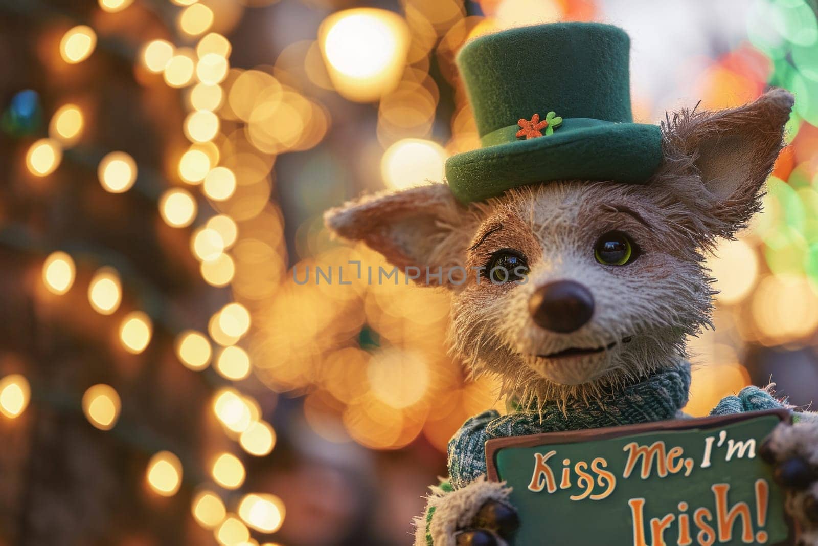 A stuffed animal holding a sign that says kiss me i'm irish, AI by starush