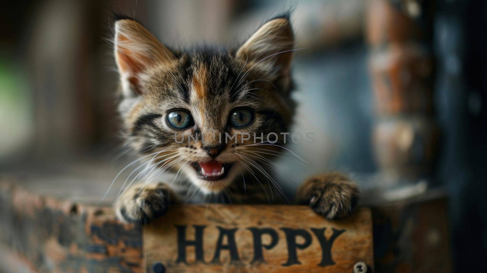 A kitten sitting on a wooden sign with the word happy