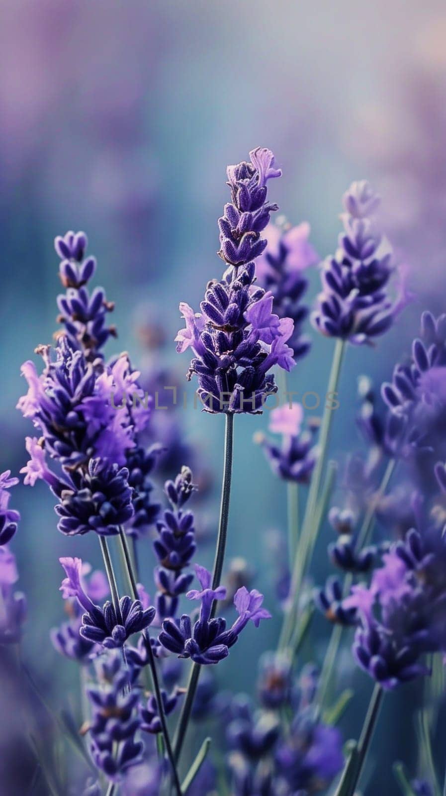 A close up of a bunch of purple flowers in the air