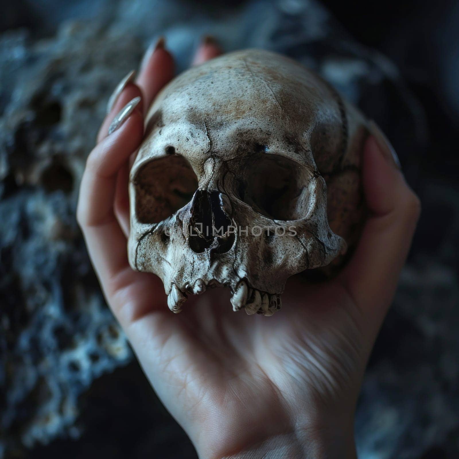 A person holding a small human skull in their hand