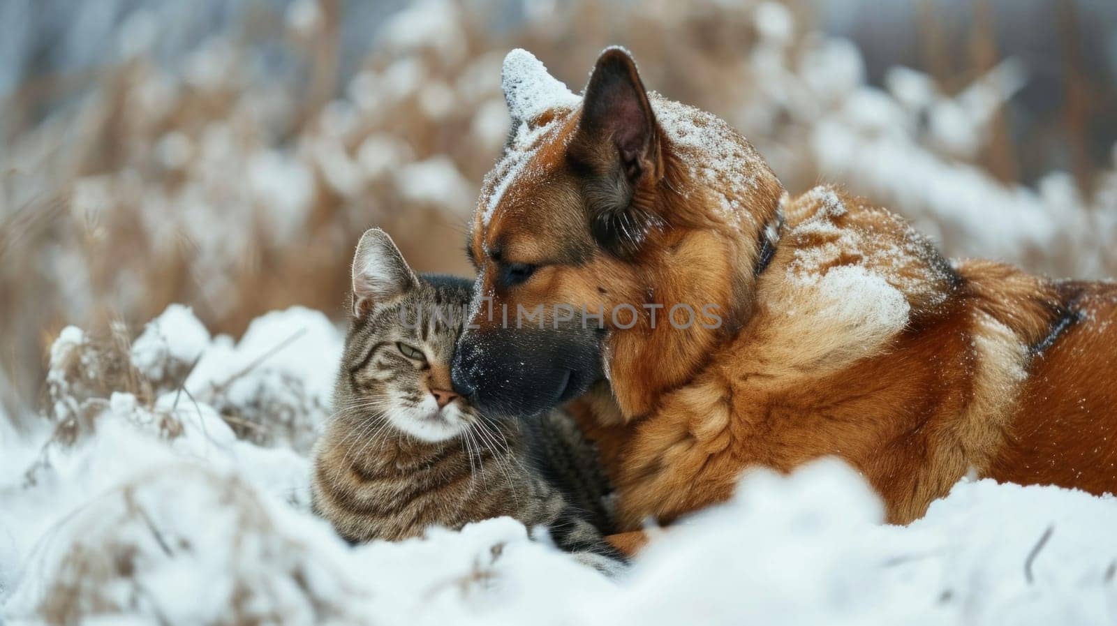 A dog and cat laying in the snow together with a blanket, AI by starush